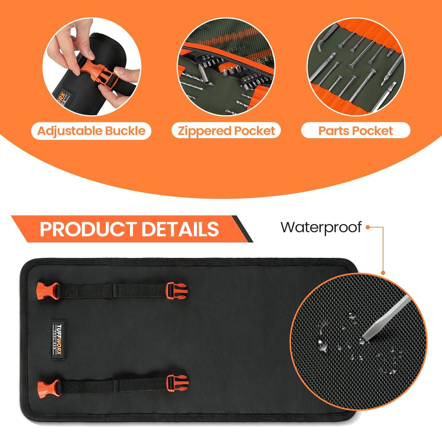 Black Orange Buckles Portable Tool Roll Bag Organizer Carrier Pouch