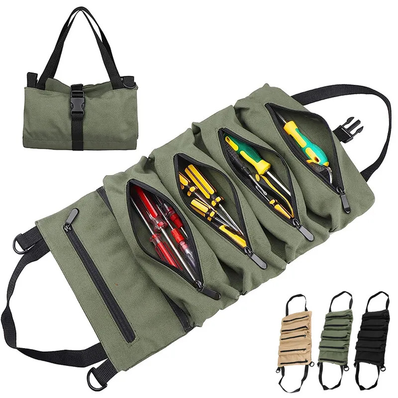 Multi-Purpose Tool Roll Up Bag Wrench Pouch Canvas Hanging Organizer w/ 5 Pocket