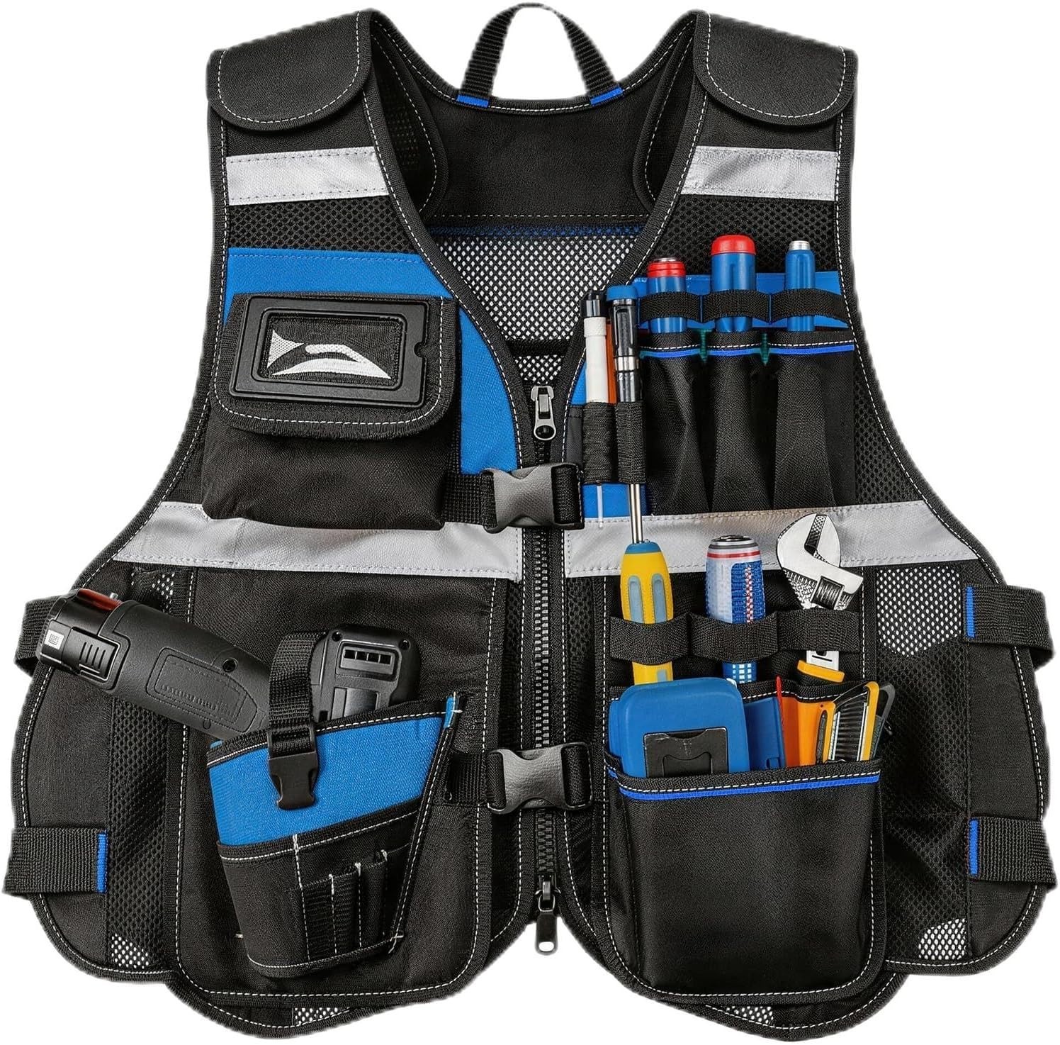 Heavy-Duty Electrician Tool Vest with Molded Holster & 16 Storage Spaces – Blue