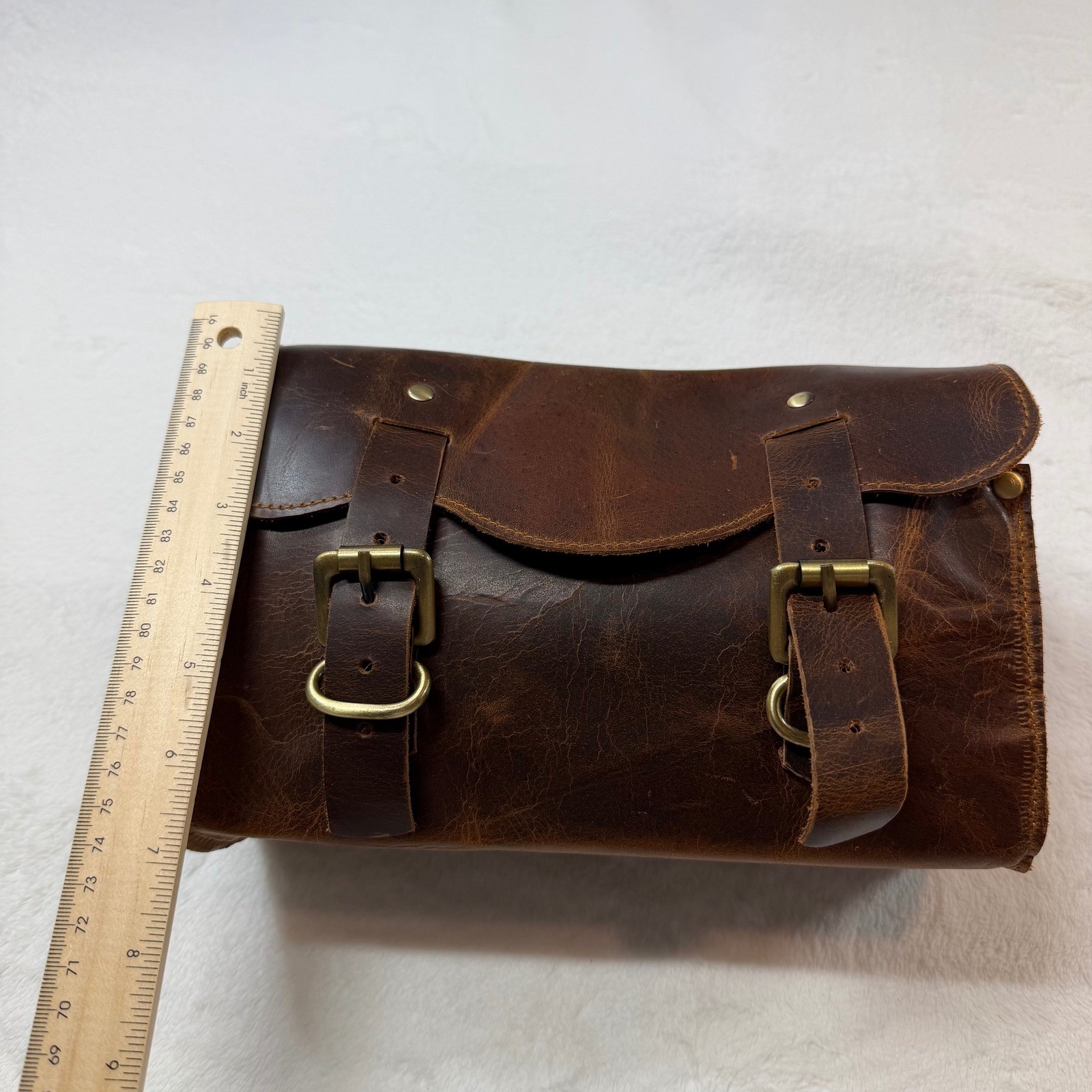Unbranded Leather Handlebar Tool Bag Brown Good Distressed Buckle Moto Accessory