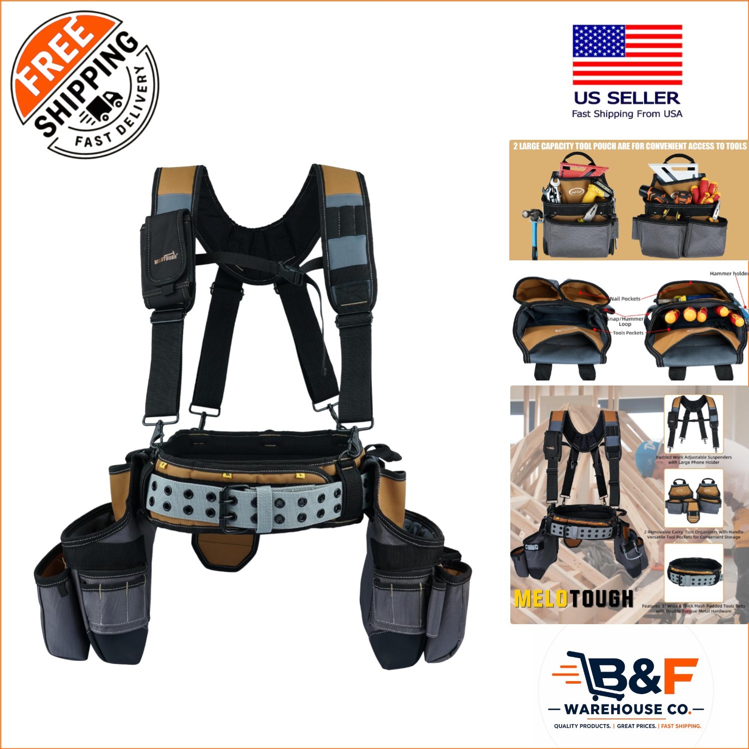 Adjustable 28-Pocket Tool Rig with Heavy Duty Suspenders for Craftsmen – Khaki