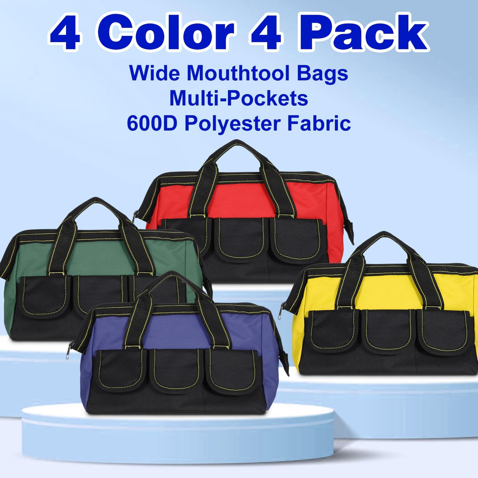 4 PCS 13 Inch Tool Bag Men Waterproof Hard Bottom Multi Pockets Black Red Yellow