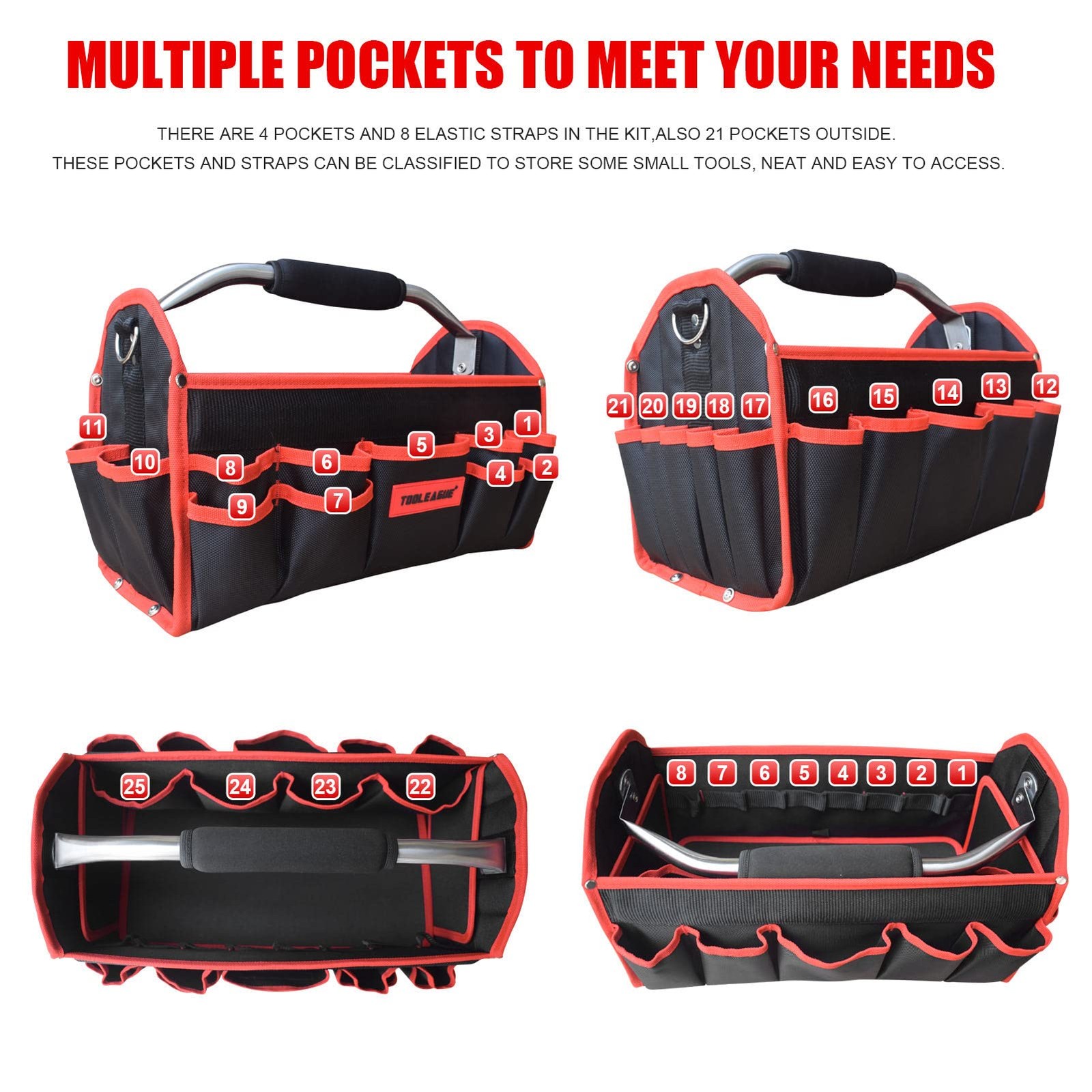 19 Inches Heavy Duty Tool Bag 25 Pockets,1680D Fabric Tool Bags