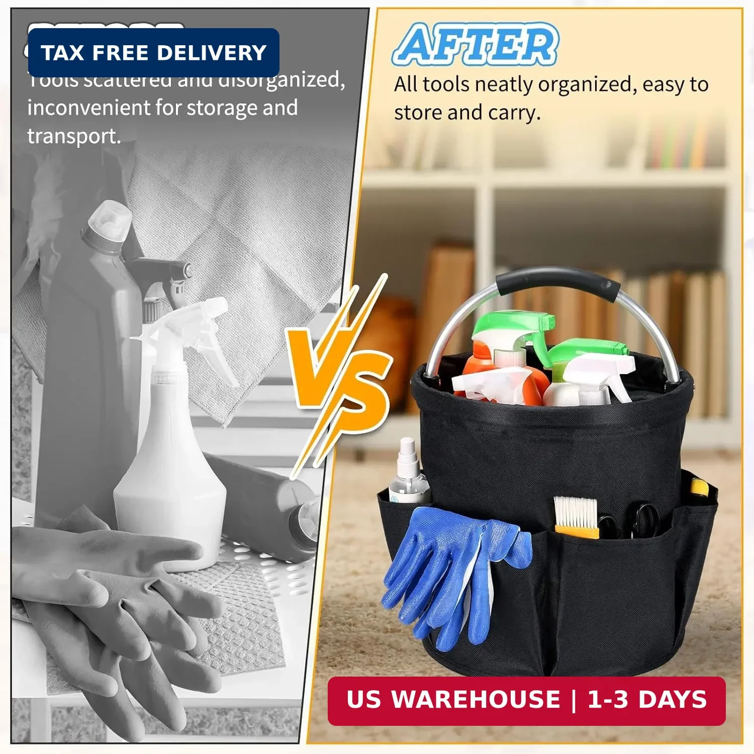 17L Cleaning Caddy with Handle & 6 Pockets, Foldable Cleaning Supply Organizer,