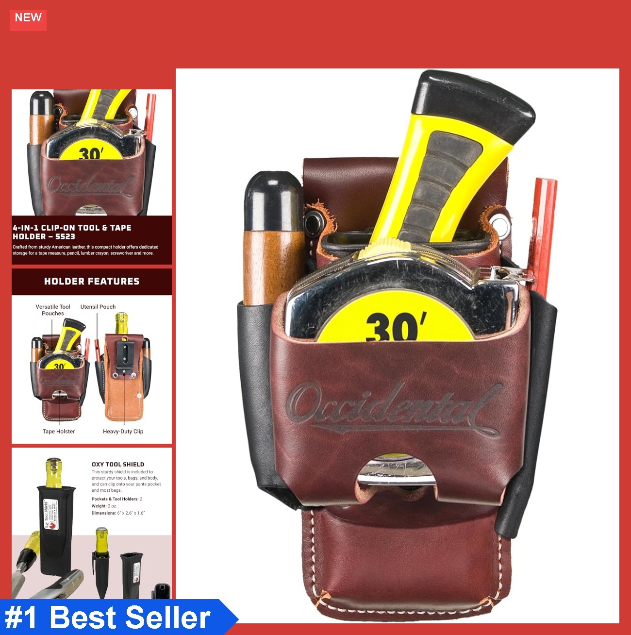 Clip-On 4 in 1 Tool Tape Holder with Tool Shield Leather for Belt Heavy Duty