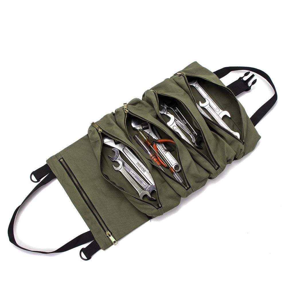 Canvas Tool Roll Organizer Bag 5 Zipper Pockets Hanging Storage Car Camping