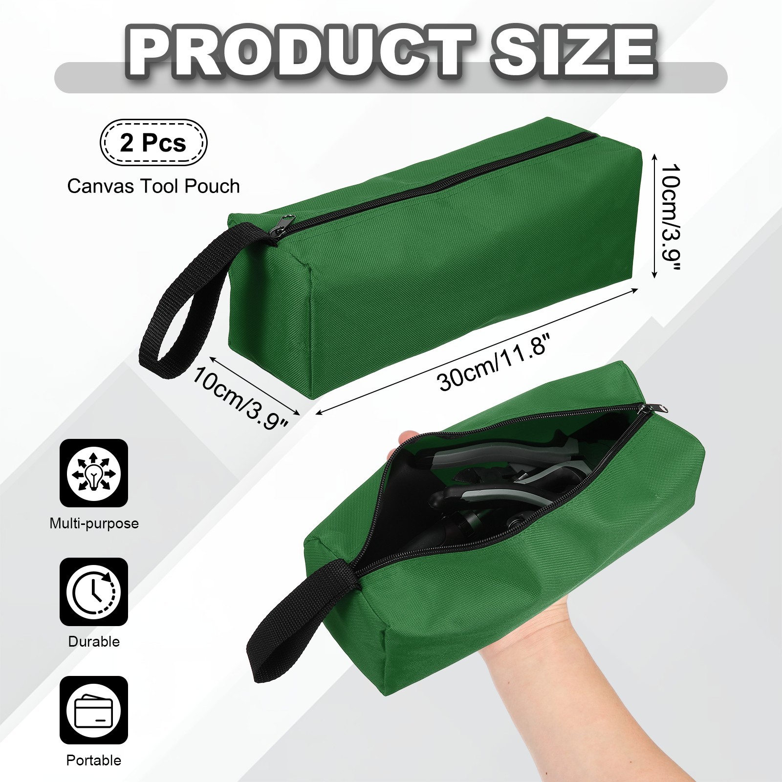 2 Pcs Army Green Multi Purpose Zipper Canvas Tool Pouch 11.8×3.9×3.9″