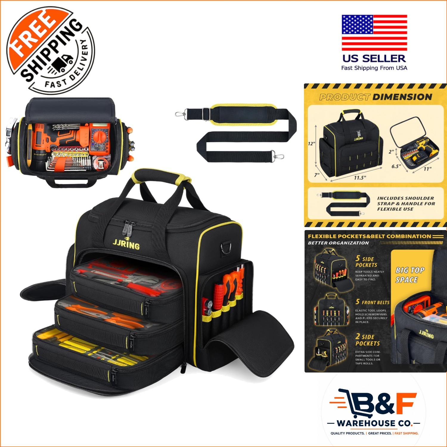 Durable 2.0 Gen Tool Bag with 3 Removable Cases – Yellow, Water-Resistant