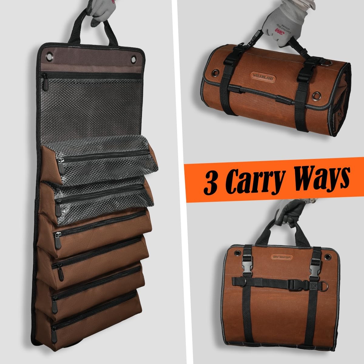 WELKINLAND Heavy-Duty Waxed Canvas Tool Roll, 7-Pocket 15L Large, Brown