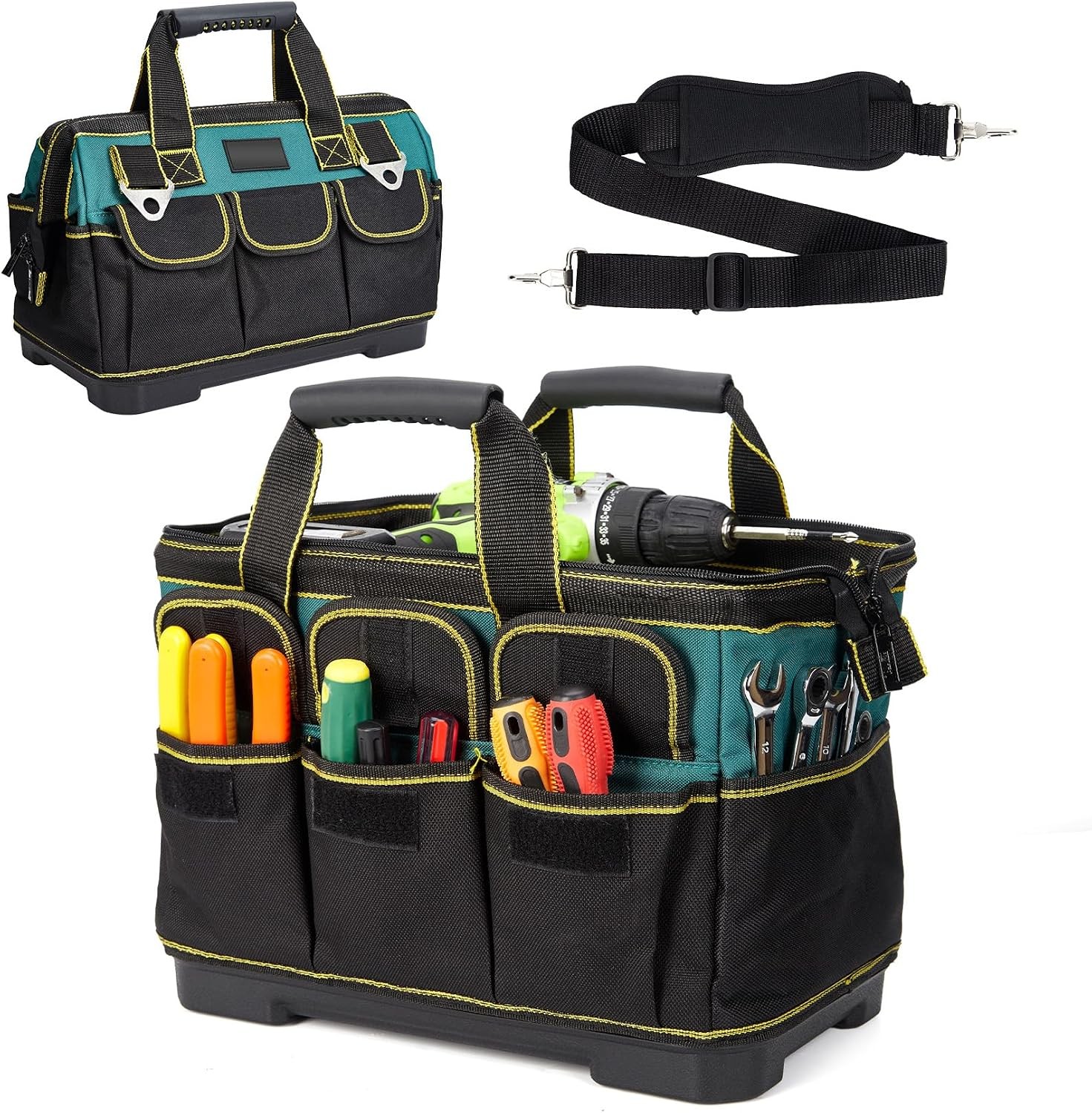 Waterproof Tool Tote 17 Inch Heavy Duty Oxford Bag Molded Base Multi Pocket Wide