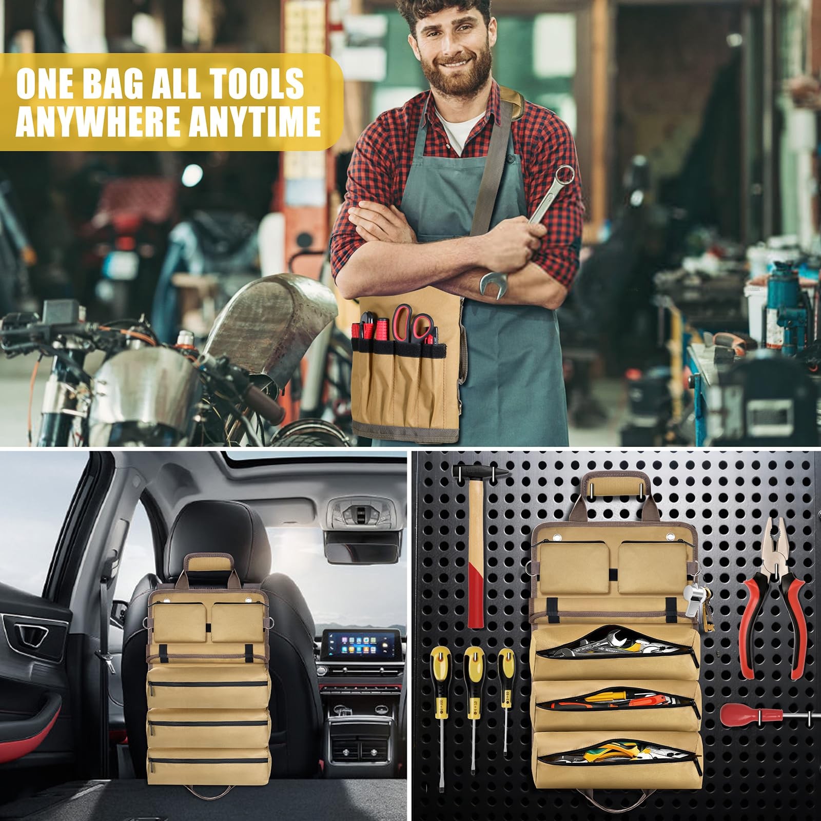 Roll Up Tool Bag Gifts For Men Heavy Duty Organizer 2 Detachable Pouches Khaki