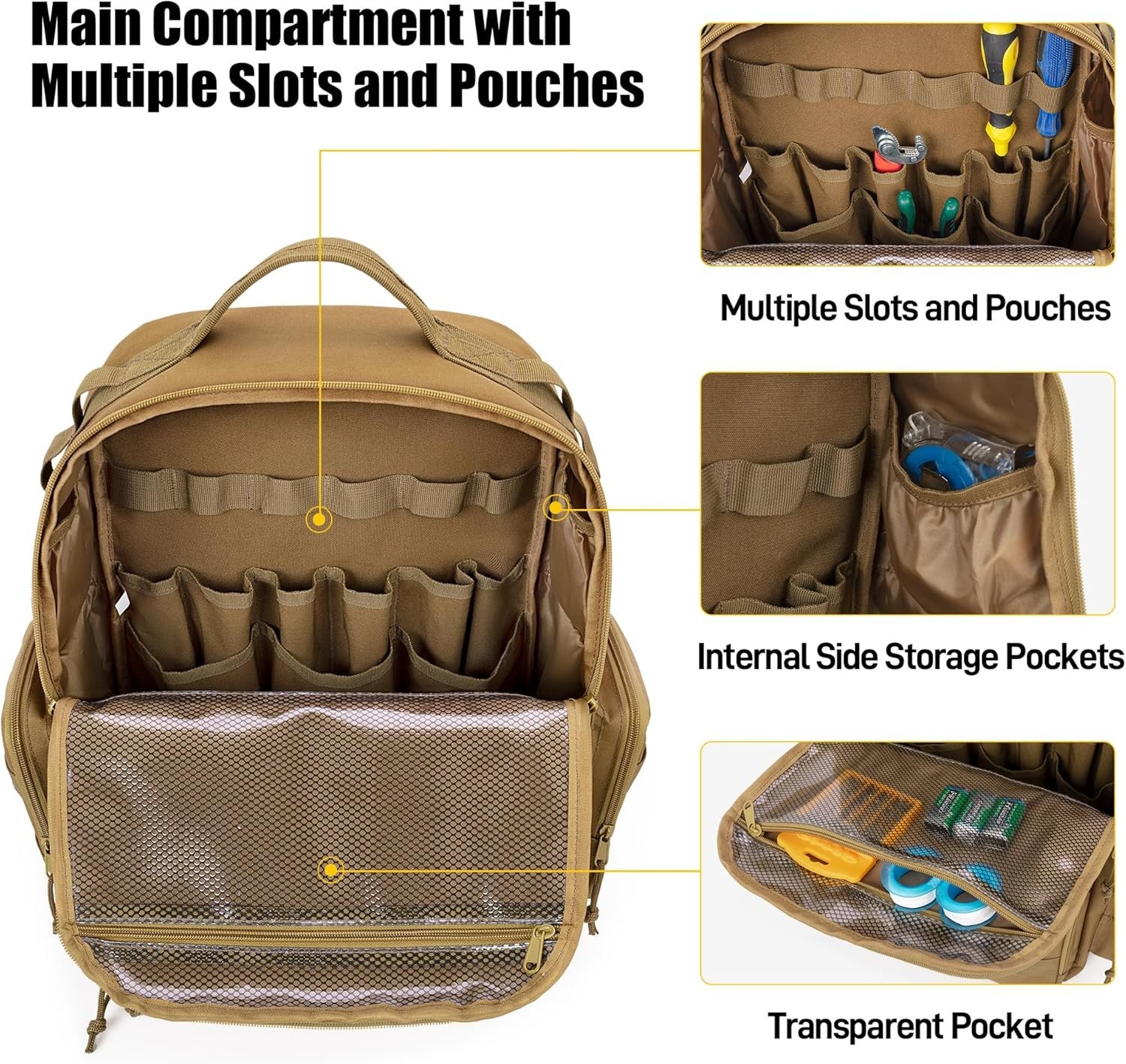 Khaki Heavy-Duty Tool Backpack with 3 Pouches for Electrician Repairmen