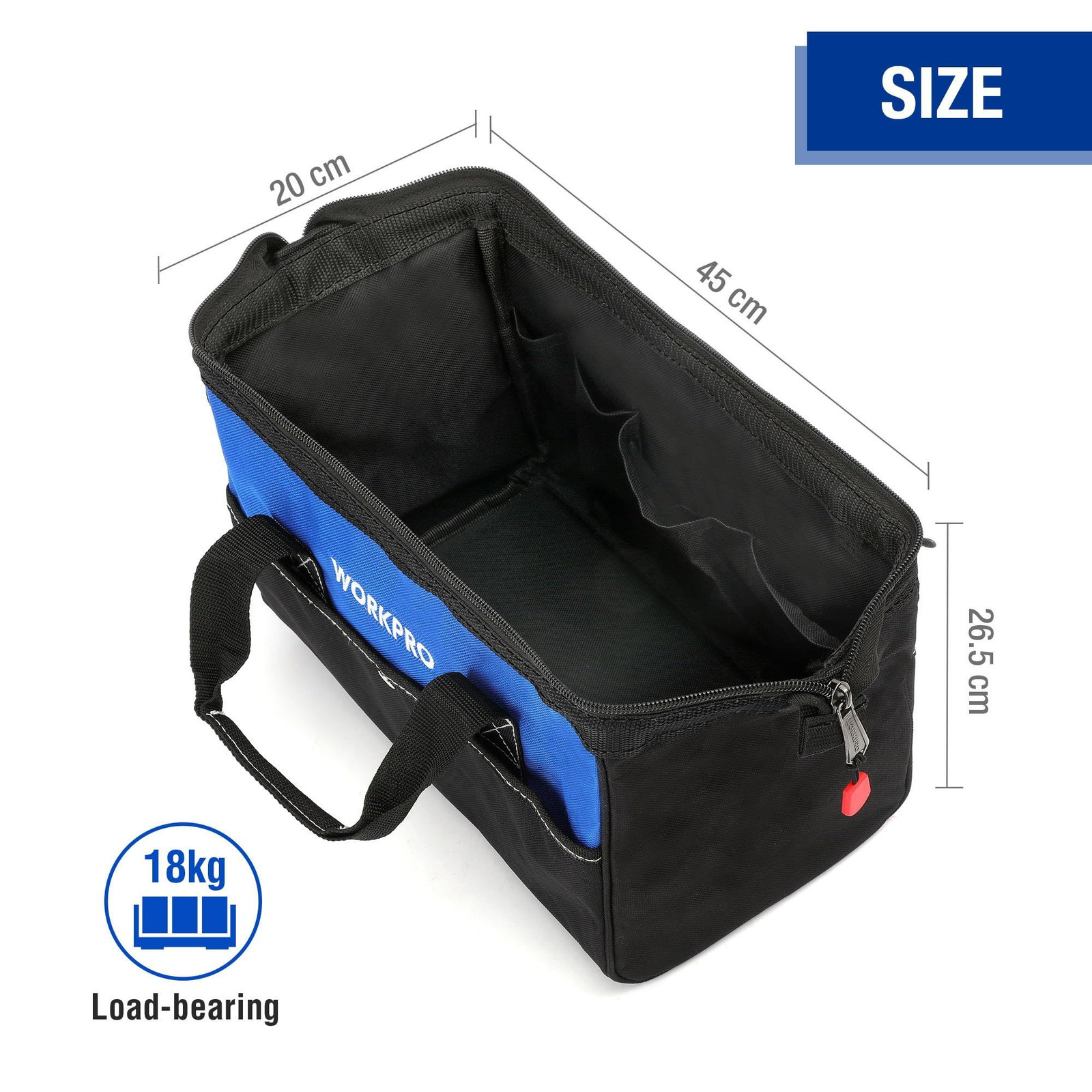 WORKPRO 18-inch Close Top Wide Mouth Storage Tool Bag 18-inch, black/red/blue