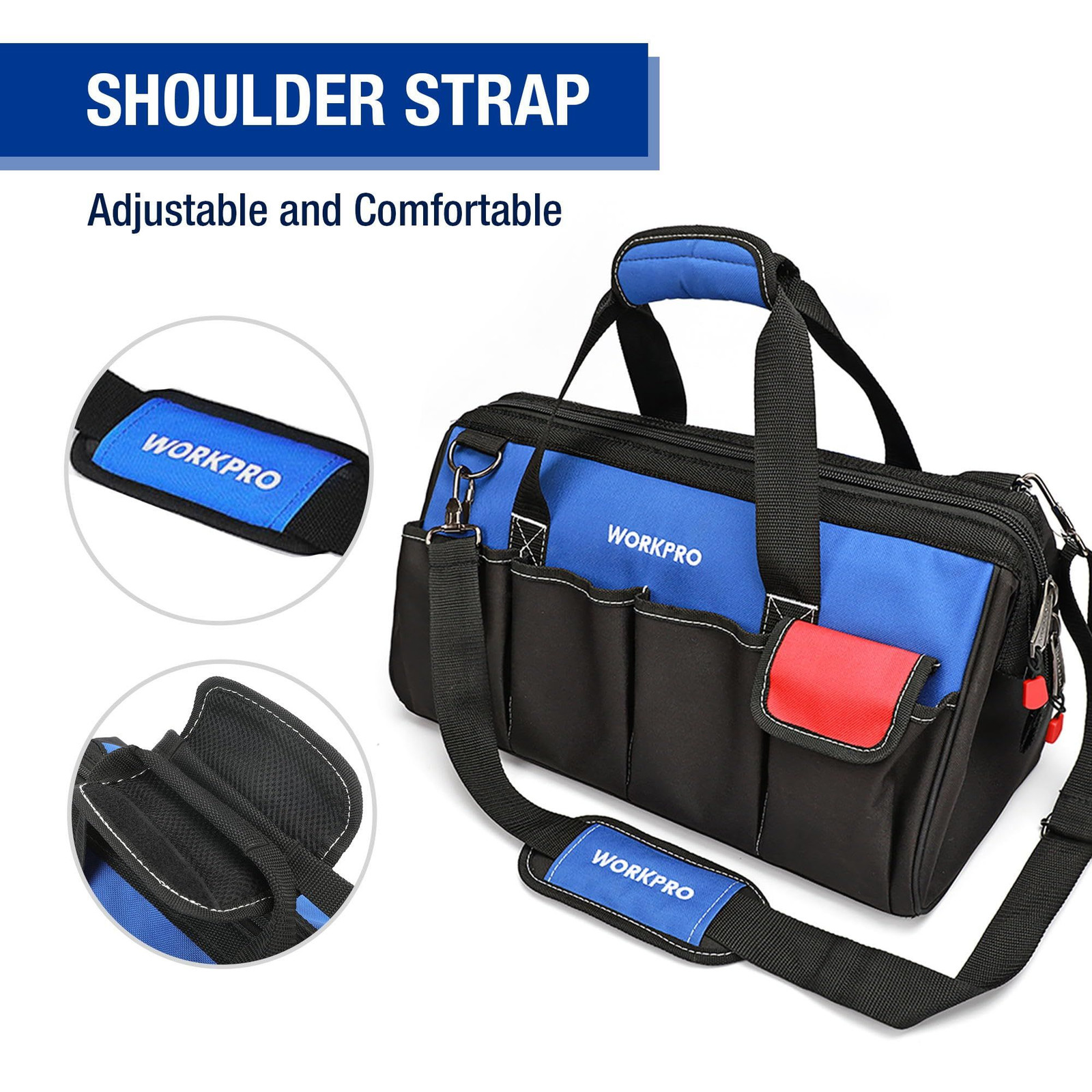 WORKPRO 18-inch Close Top Wide Mouth Storage Tool Bag 18-inch, black/red/blue