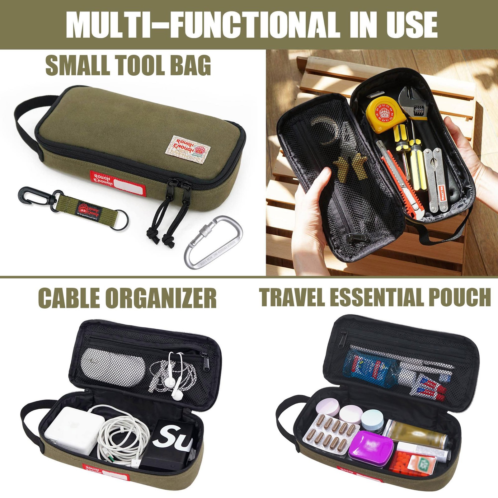 Rough Enough Small Tool Bag Pouch Box Large 9 x 4 x 1.7 inches, Army Green