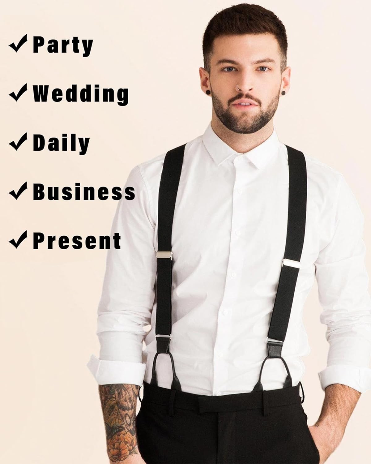 Kajeer Men Button Suspenders Adjustable, Heavy Duty Y-Back Elastic Black