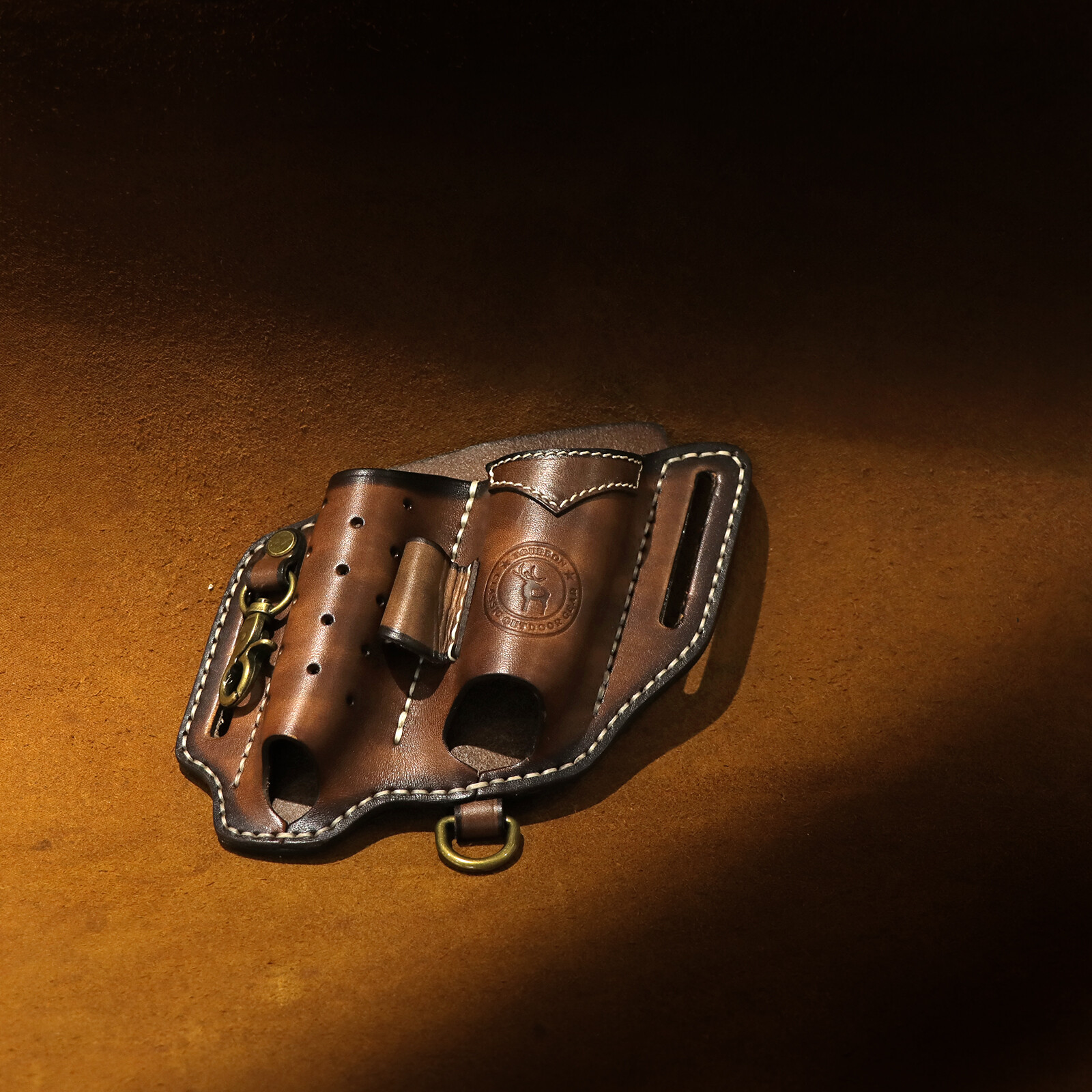 TOURBON Leather EDC Multitool Pouch Flashlight Holder Knife Belt Holster Camping