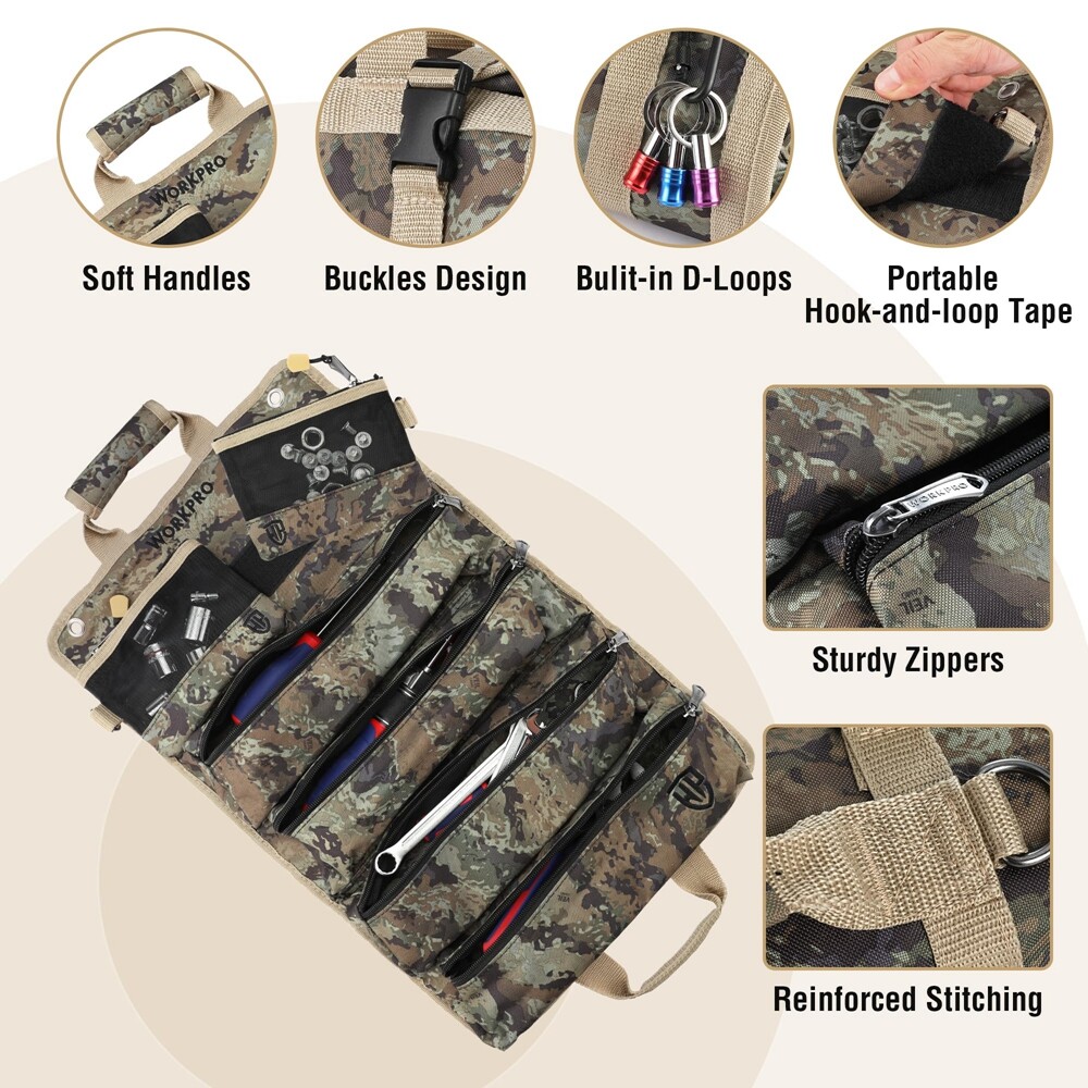 Heavy Duty Roll Up Tool Bag 6 Pockets Tool Organizer Tool Roll Organizer