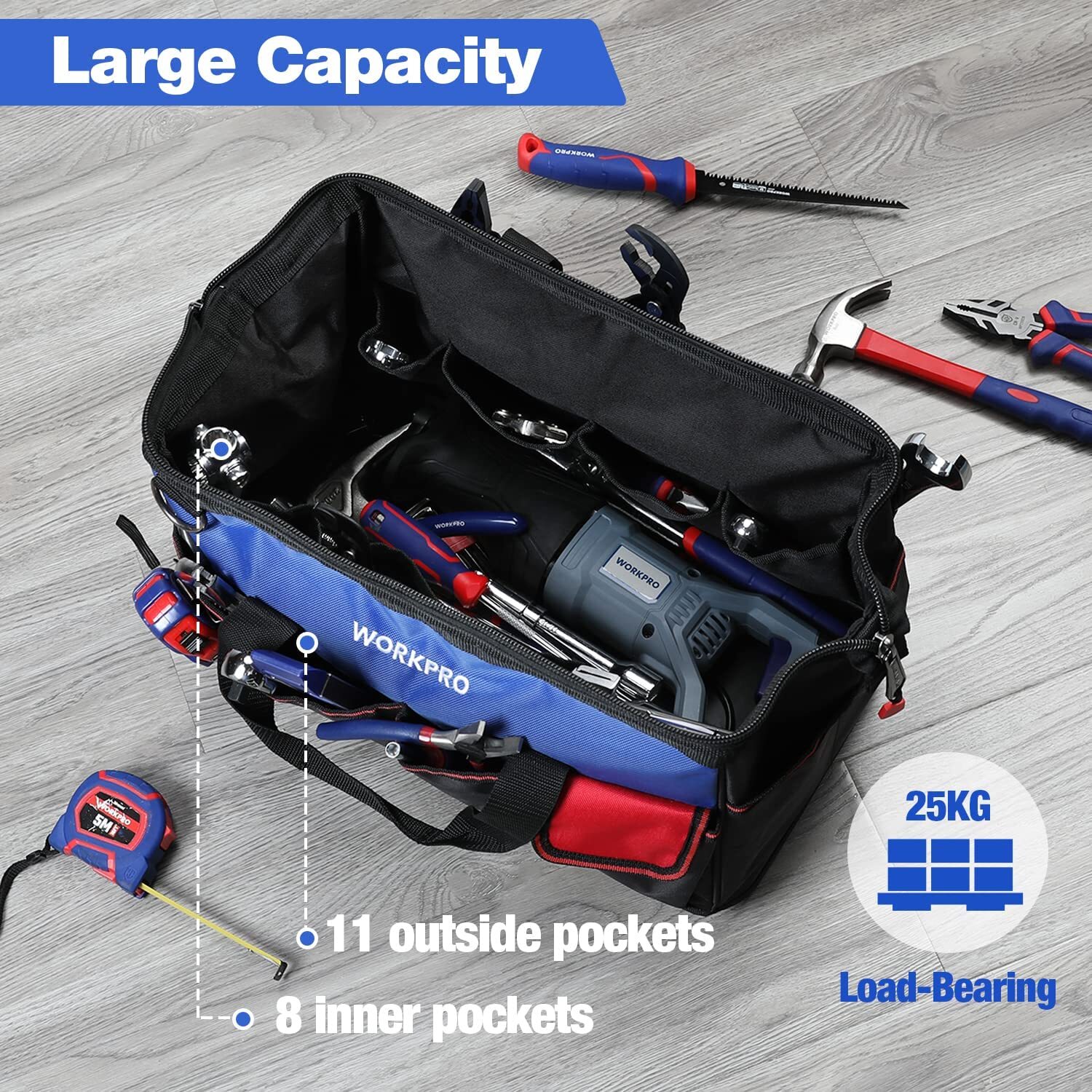 WORKPRO 18-in Tool Bag Tool Organizer Molded Base Open Top Bag w/Shoulder Strap