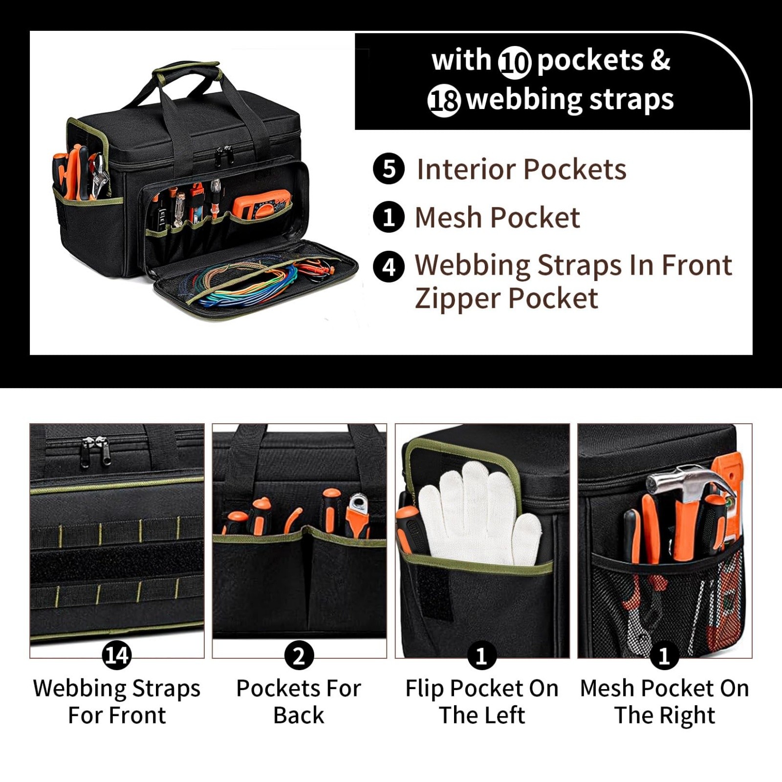 17-Inch Tool Bag Premium Oxford Tool Organizer Adjustable Shoulder Strap