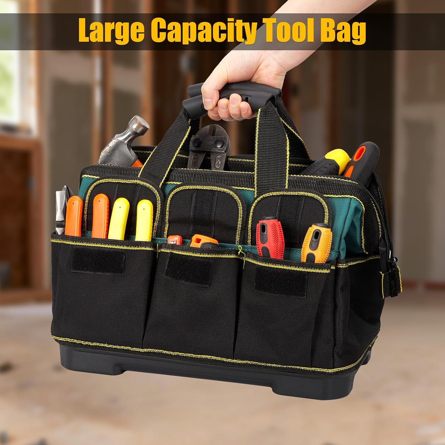 Waterproof Tool Tote 17 Inch Heavy Duty Oxford Bag Molded Base Multi Pocket Wide