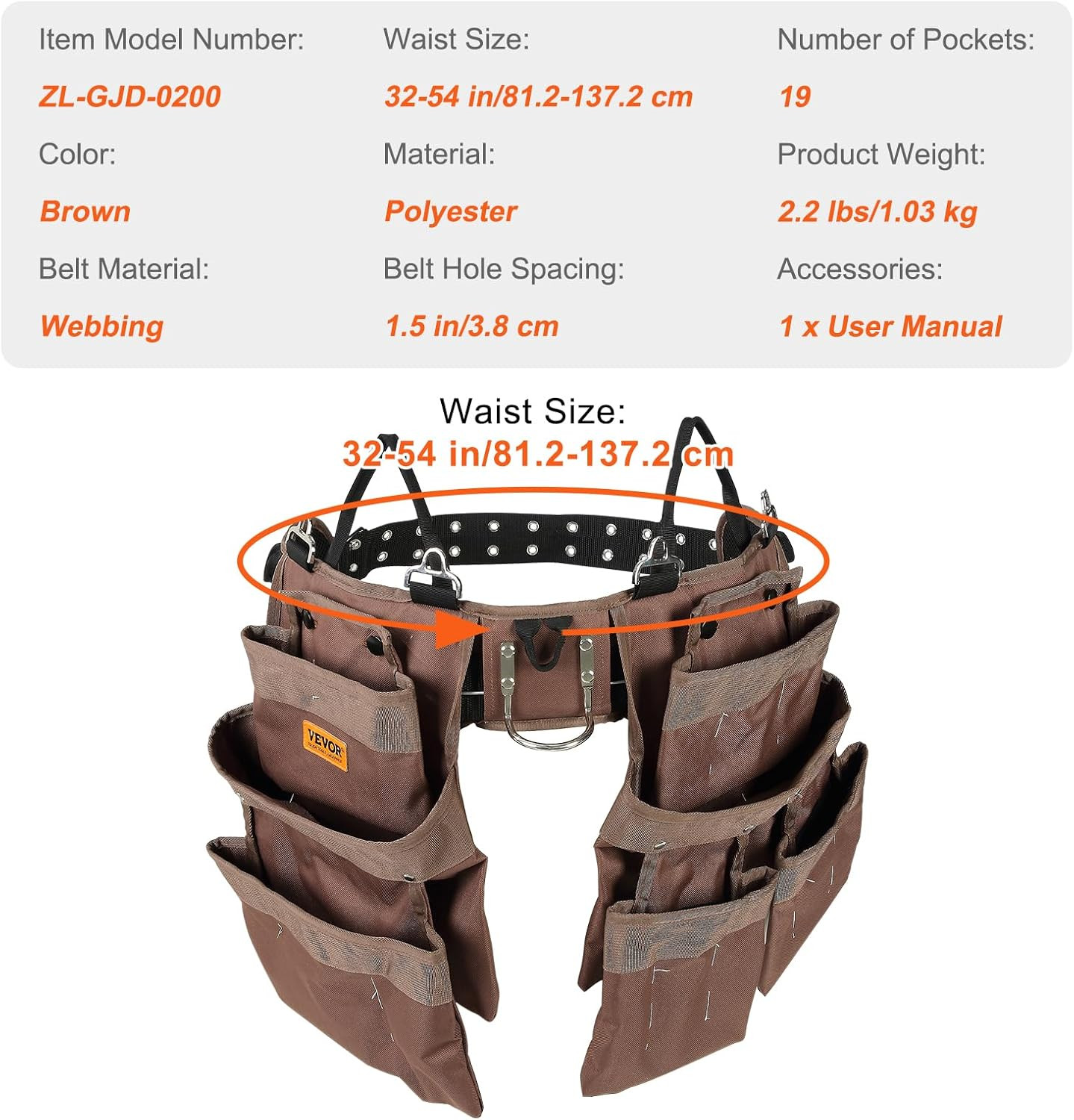 Tool Belt, 19 Pockets, Adjusts from 32 Inches to 54 Inches, Polyester Heavy Duty