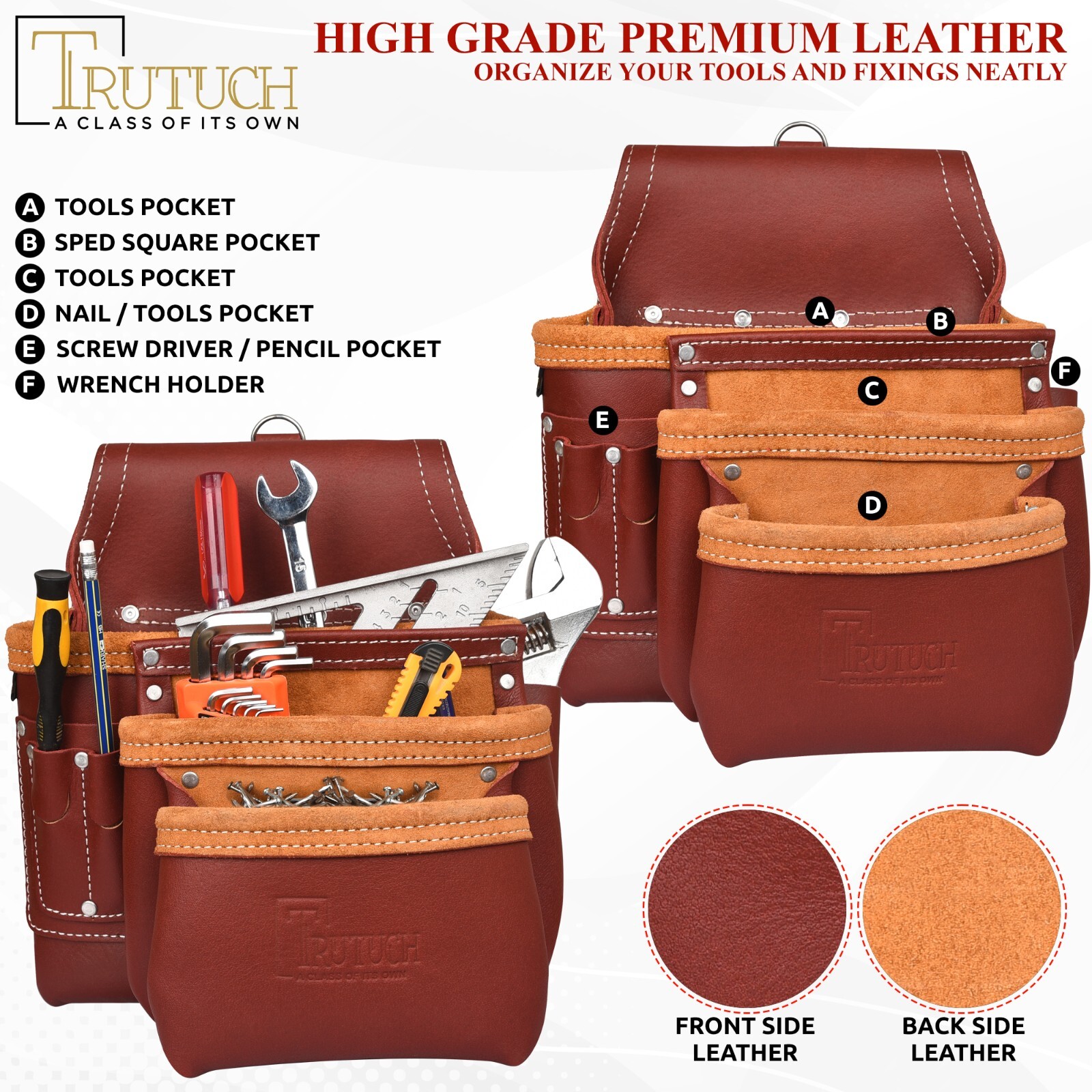 Trutuch Maroon Leather Tool Belt with Suspender | Framers Tool Bag | Tool Belt