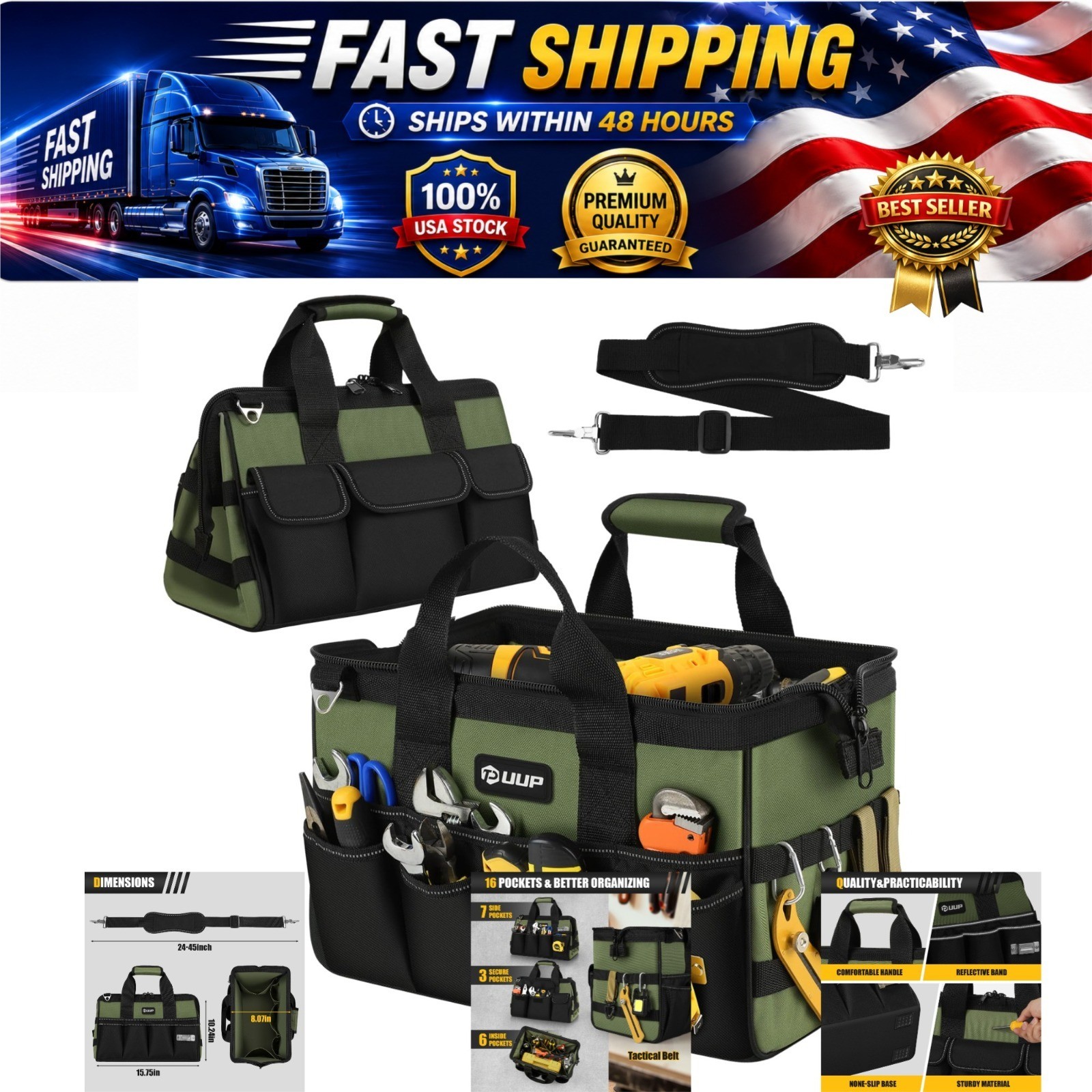 UUP Heavy Duty Tool Bag 15 Inch 16 Pocket Water Resistant Green