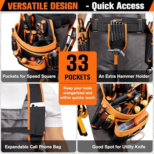 Electrician Tool Belt Suspenders, 33-Pocket Tool Belts for Men with Detachable