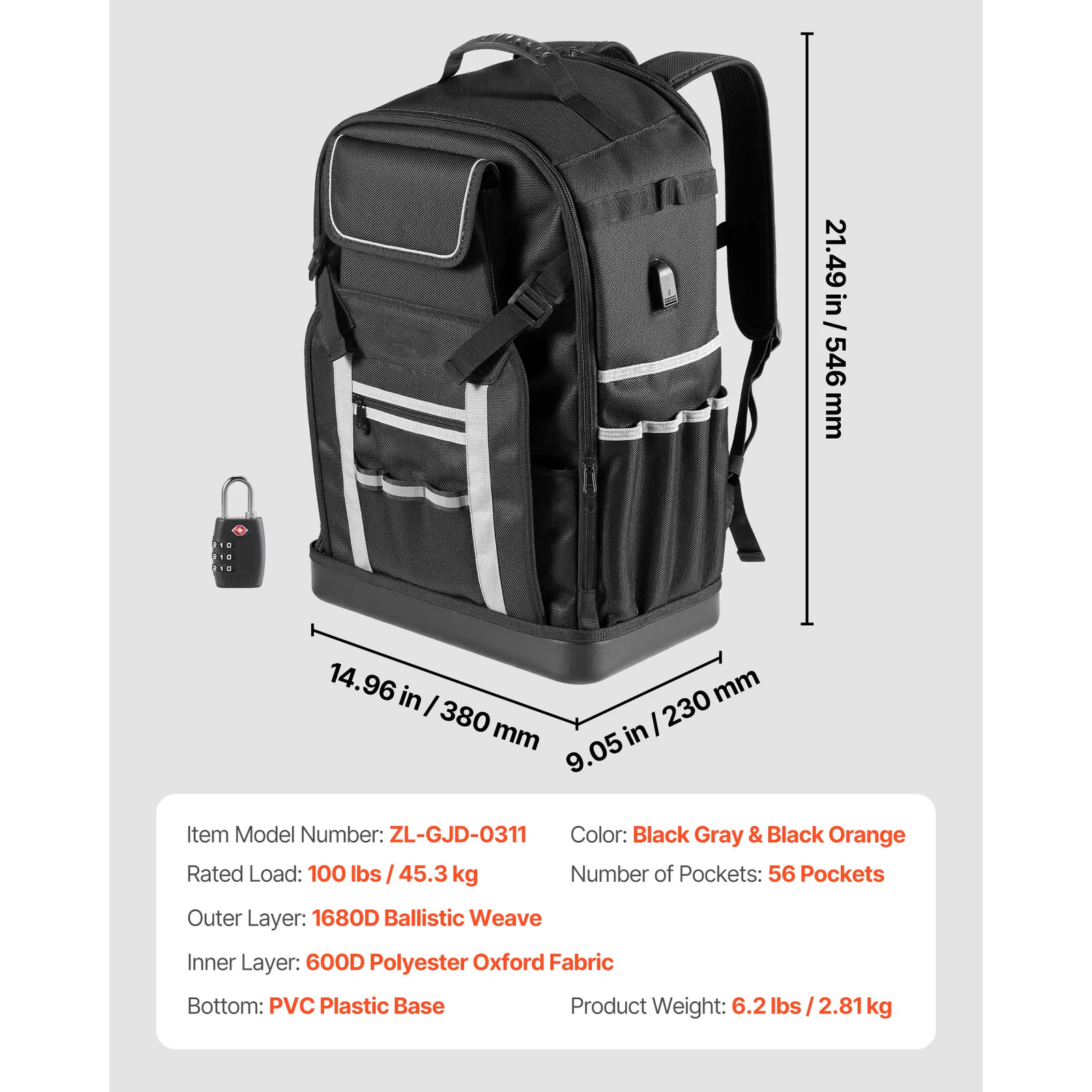 Heavy Duty Electrician Jobsite Backpack 1680D Ballistic Nylon Hard Base