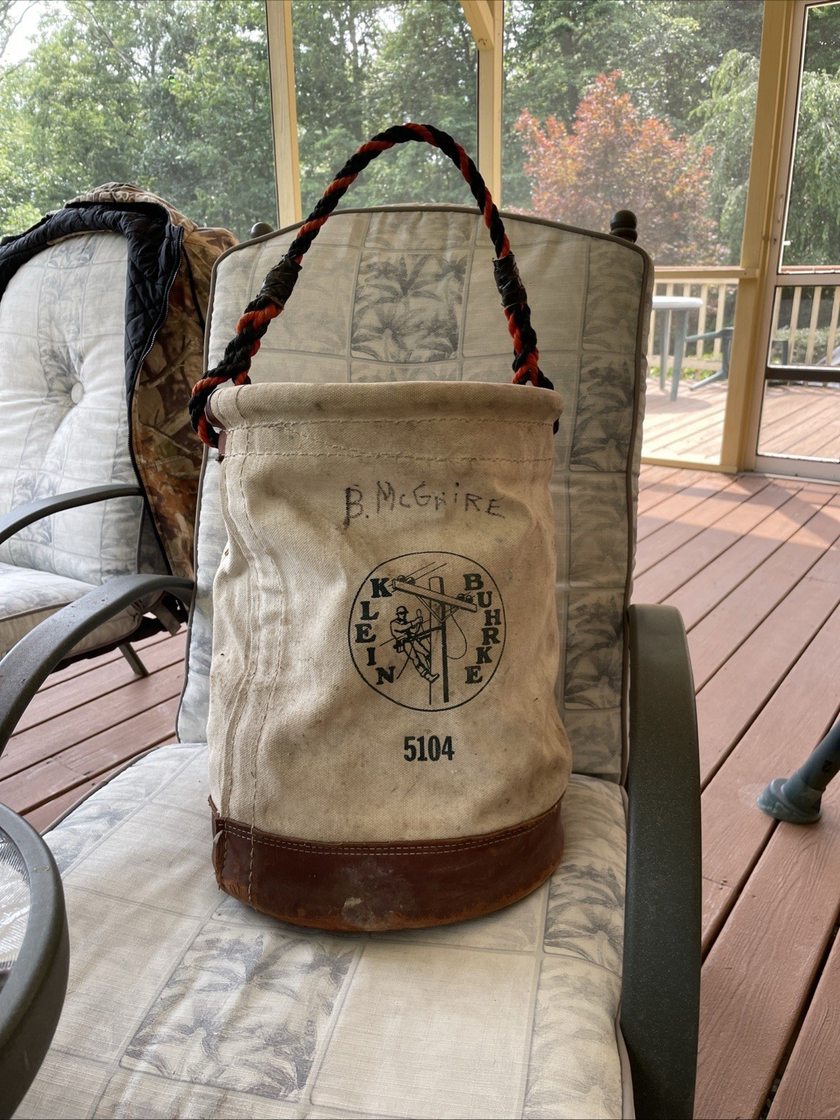 Vintage Klein Tools 5104 Canvas Leather Bucket 15” Lineman Tool Bag Rope Handle