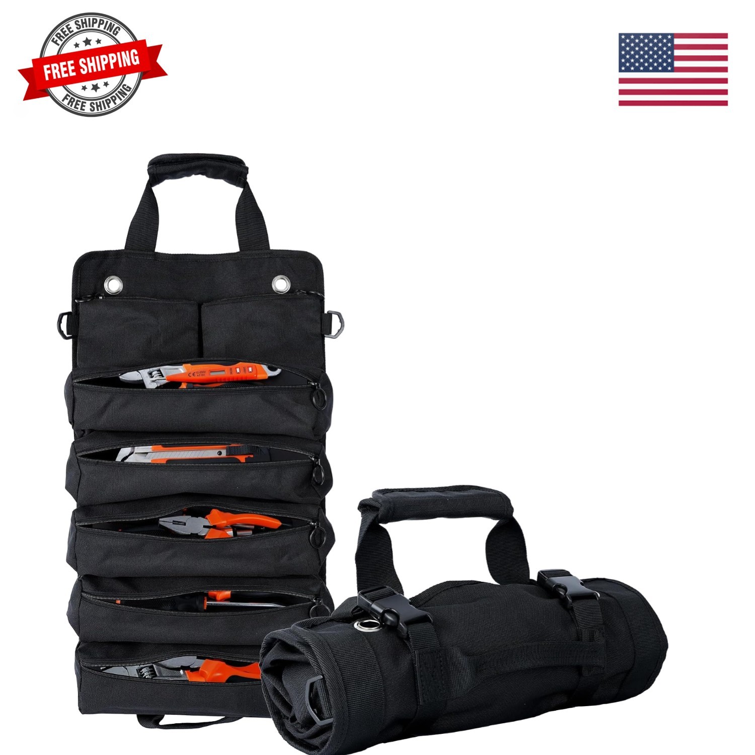 Portable Foldable Roll Up Tool Bag, Heavy Duty Tool Organizer Bag with 5 Comp…
