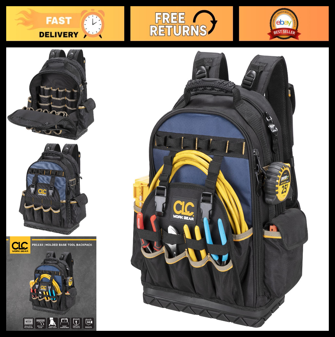 38 Pocket Tool Backpack with Molded Base – Durable Work Gear, Black/Blue