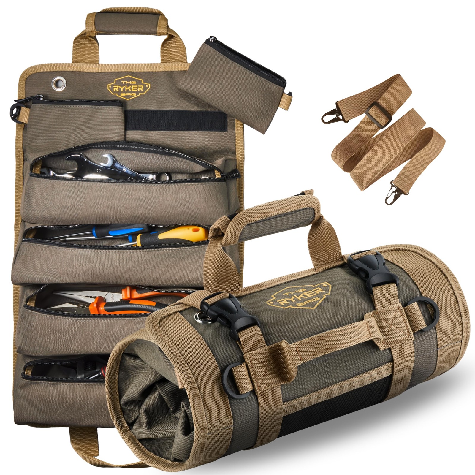 Heavy Duty Roll Up Tool Bag Organizer 4 Compartments 2 Pouches Khaki Mechanic Tr