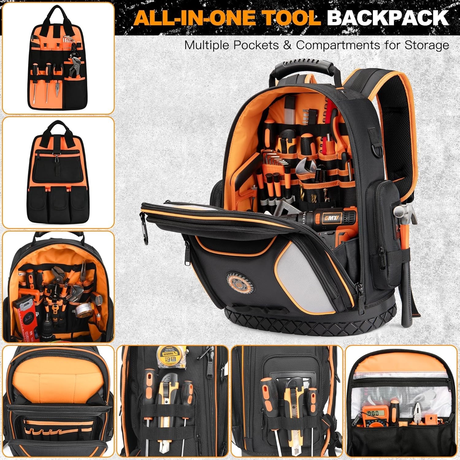 Professional Tool Backpack with 75 Pockets & Pull-Out Storage – Black & Orange