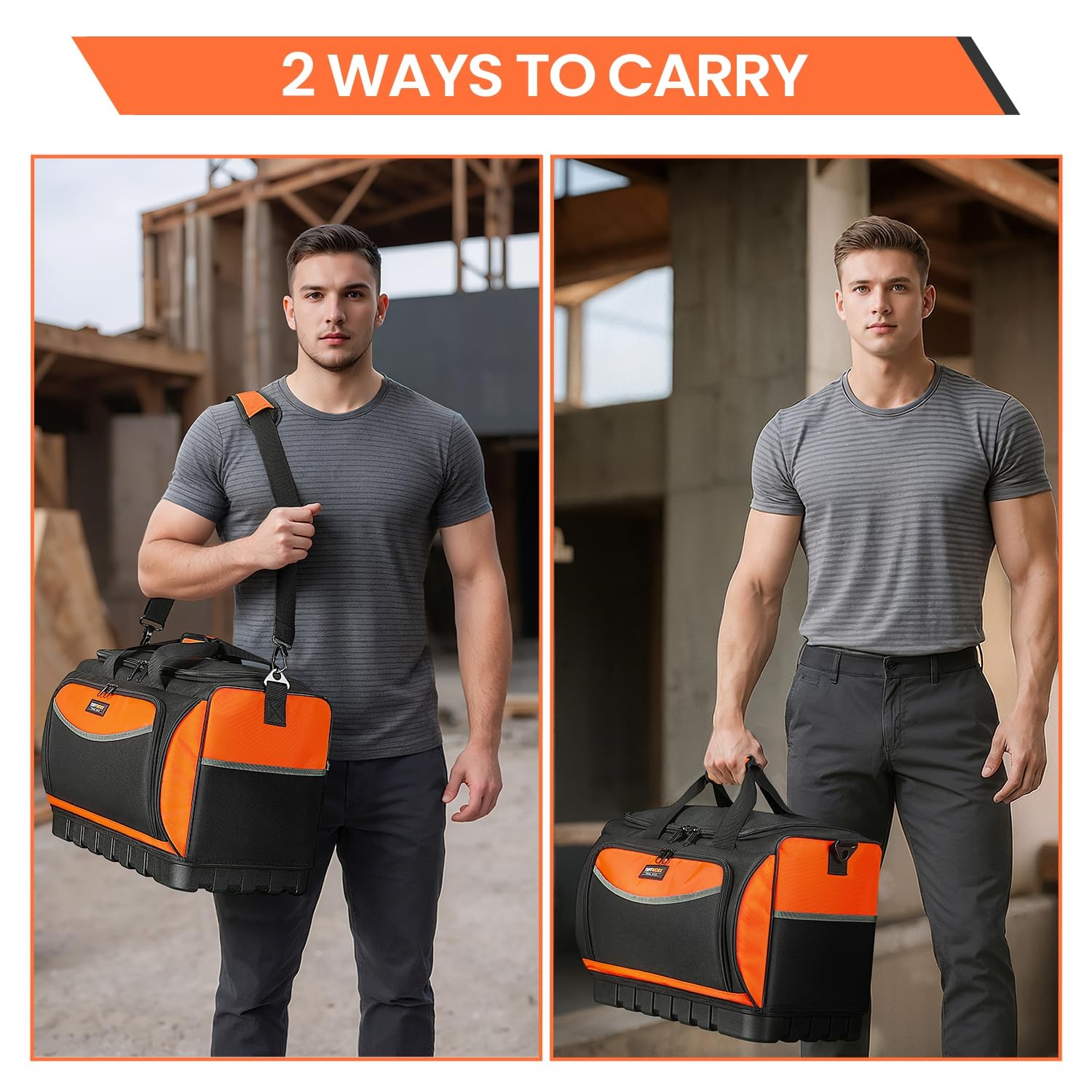 17.7×12.6×11 Inch 18 Pocket Wide Mouth Tool Bag Waterproof Base Black Orange