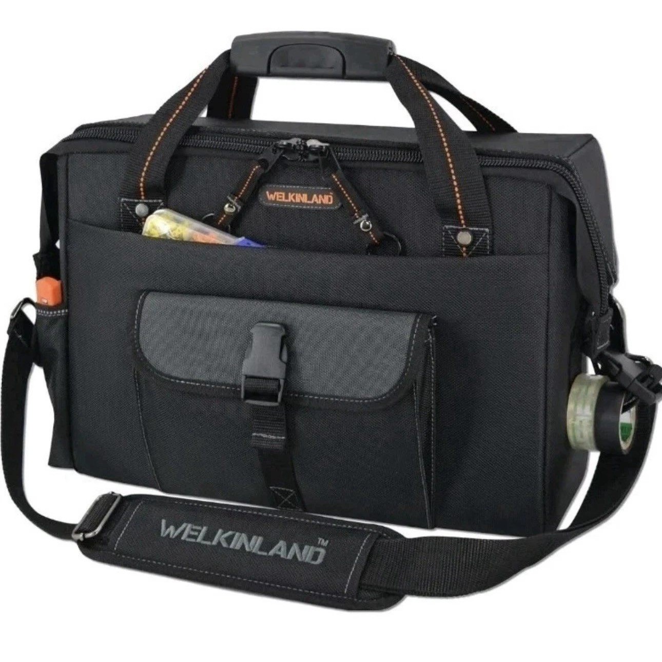 Welkinland Large Open Top Tool Bag Black Laptop Compartment 15 Pockets Organizer
