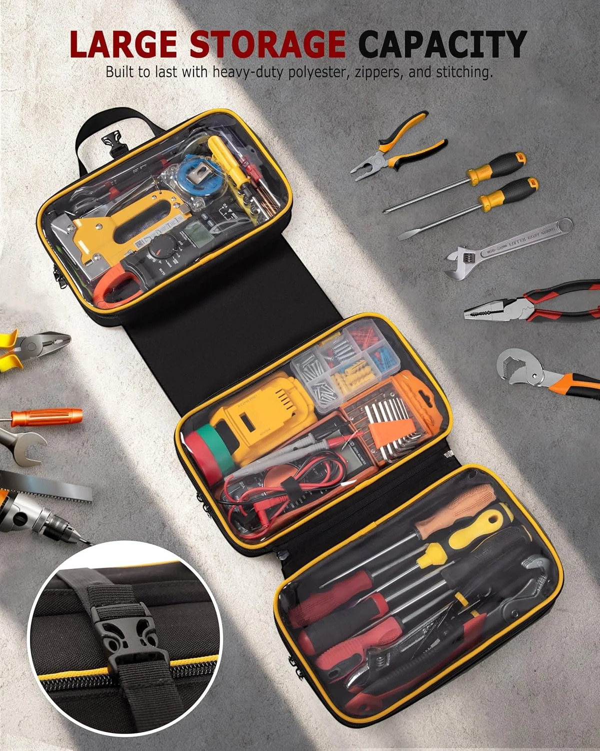 Roll Up Tool Bag with 3 Clear Window Cases (One Detachable), Tri-fold Tool Bag..