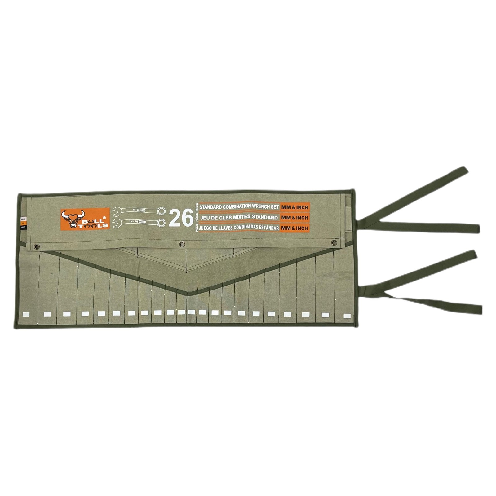 BULL TOOLS Wrench Roll, 26 Pocket Tool 26 Pocket, Sand Washed Olive Drab