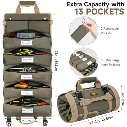 Tool Bag,Large Roll Up Tool Bag Organizer,13 Pockets Tool X-Large Olive Green