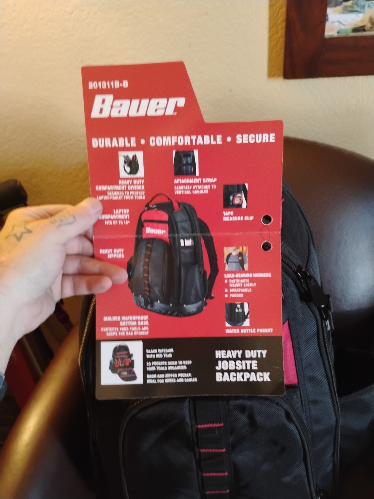 Bauer Heavy Duty Jobsite Backpack 3 Compartment Toolbag Organizer Pockets Zip Up
