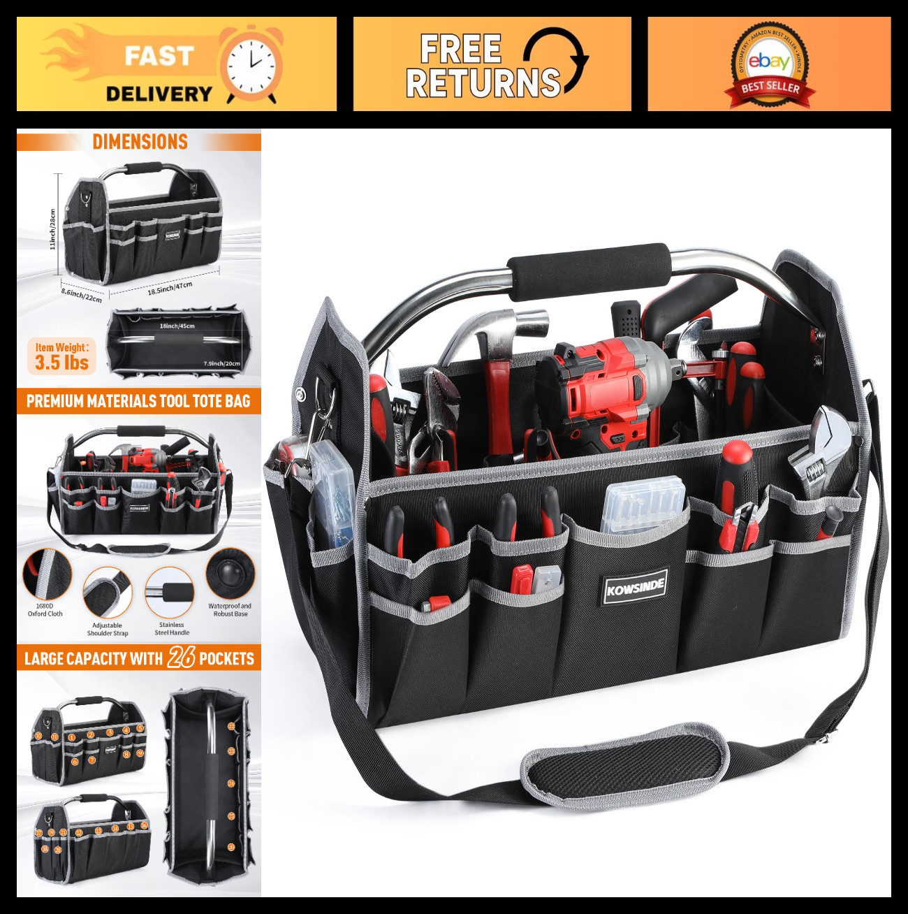 18″ Open Top Tool Bag – Electrician’s Tool Organizer, 26 Pockets, Steel Handle,