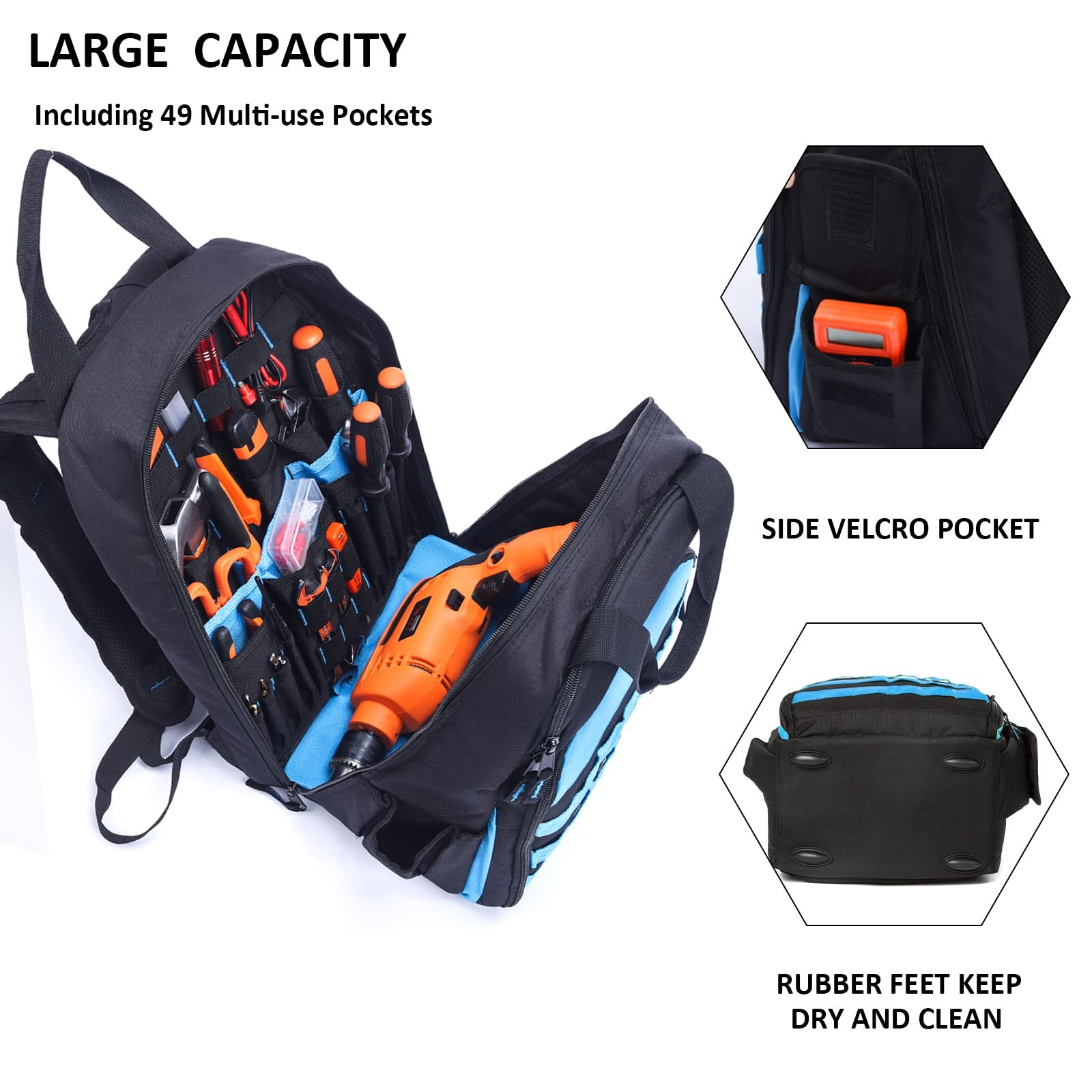 AUMTISC Tool Bag Backpack for Men, Heavy-Duty Tools Storage Organizer L, Blue