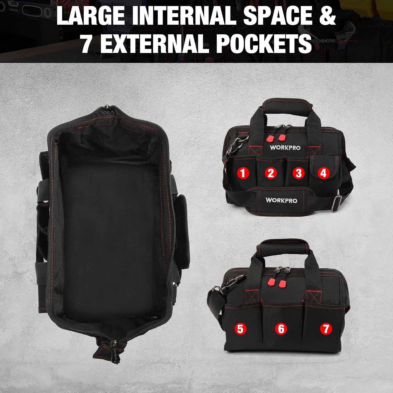 Spacious 12-Inch Tool Bag with 7 Pockets and Wide Mouth Access – Black & Red