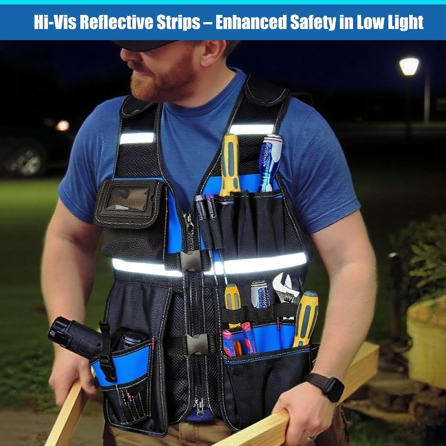 Electrician Tool Vest for Men, Hi Vis Tool Vest with 17 Compartments, Blue
