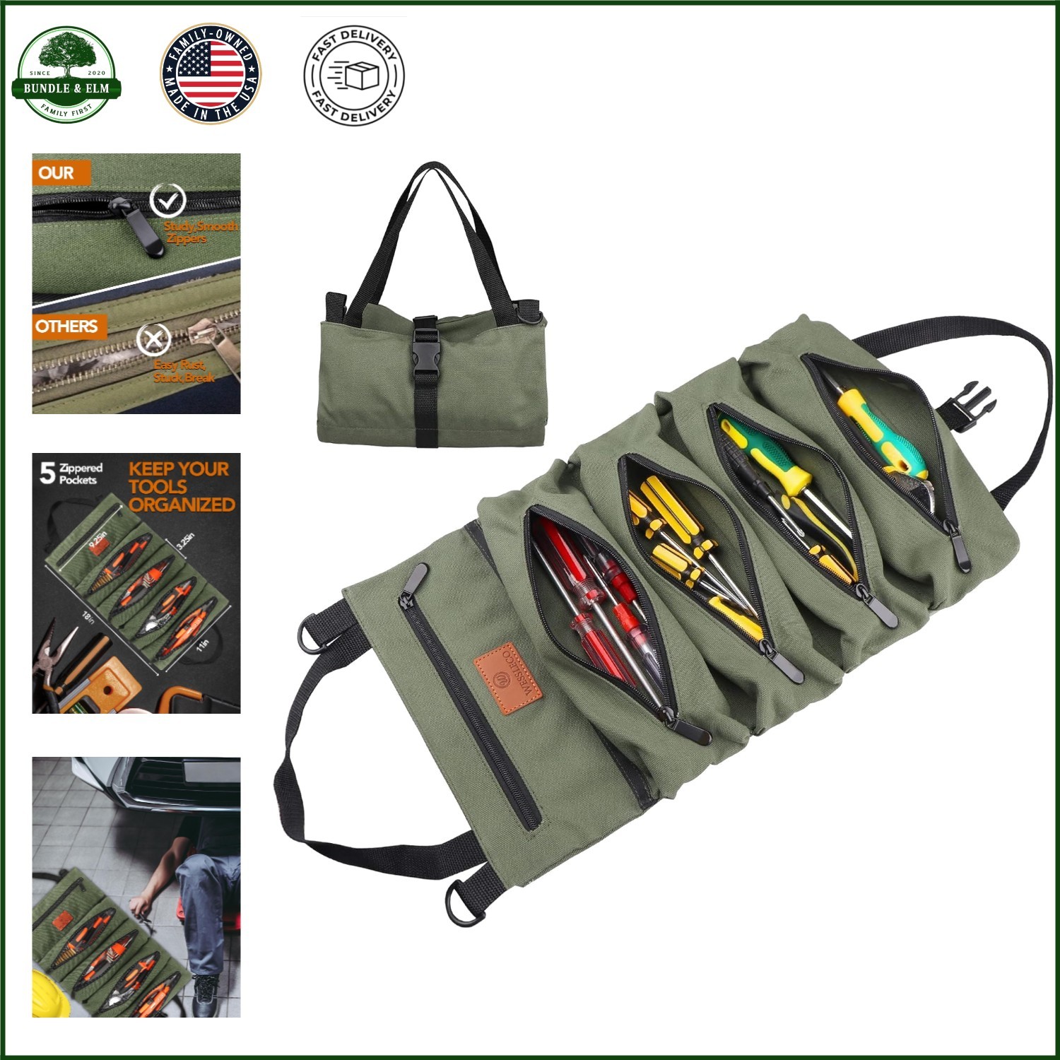 Functional Canvas Tool Roll Bag for Contractors with 5 Zippered Compartments