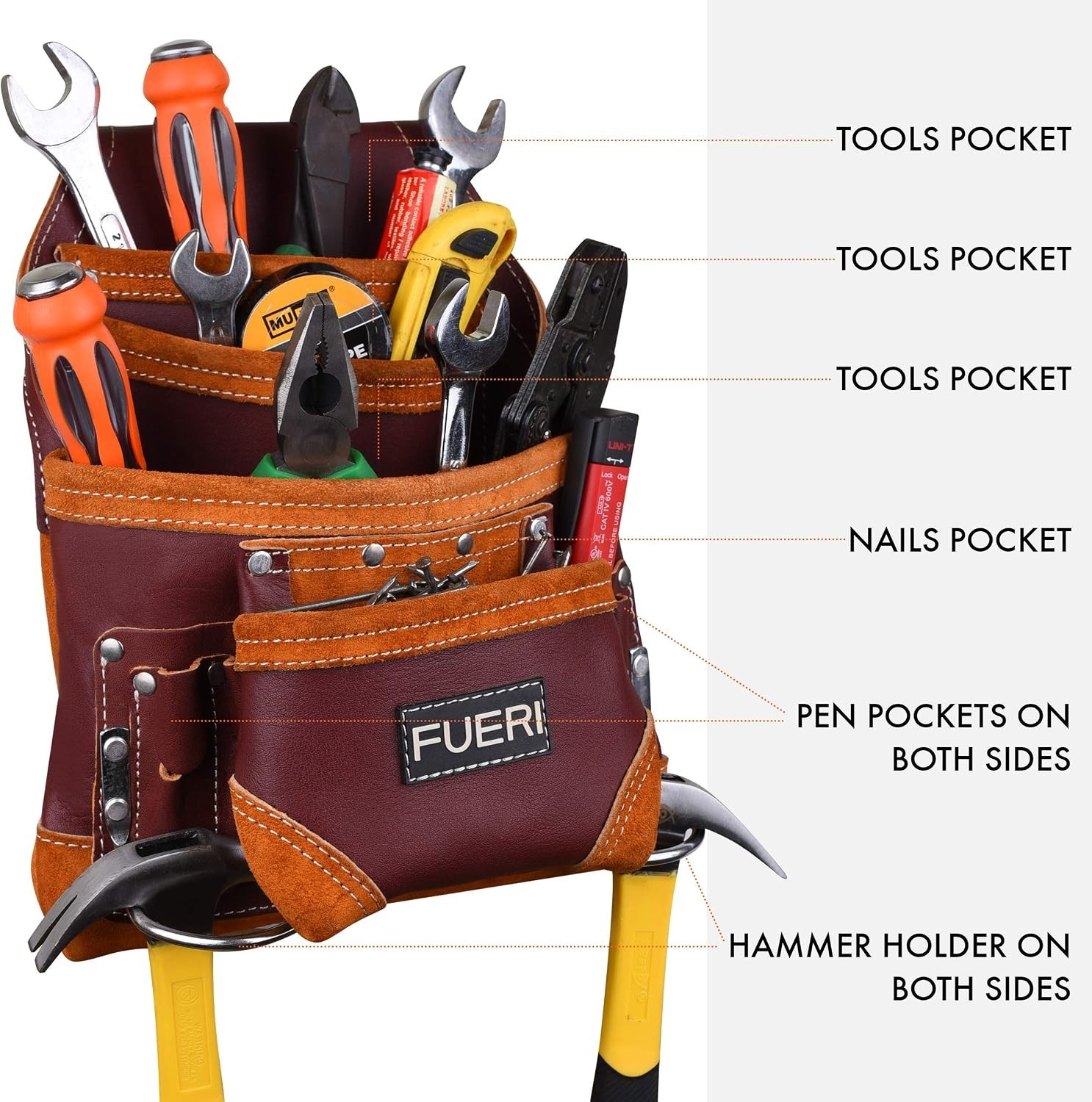 Durable Maroon Leather Tool Rig with Padded Comfort & 10 Organizational Pockets