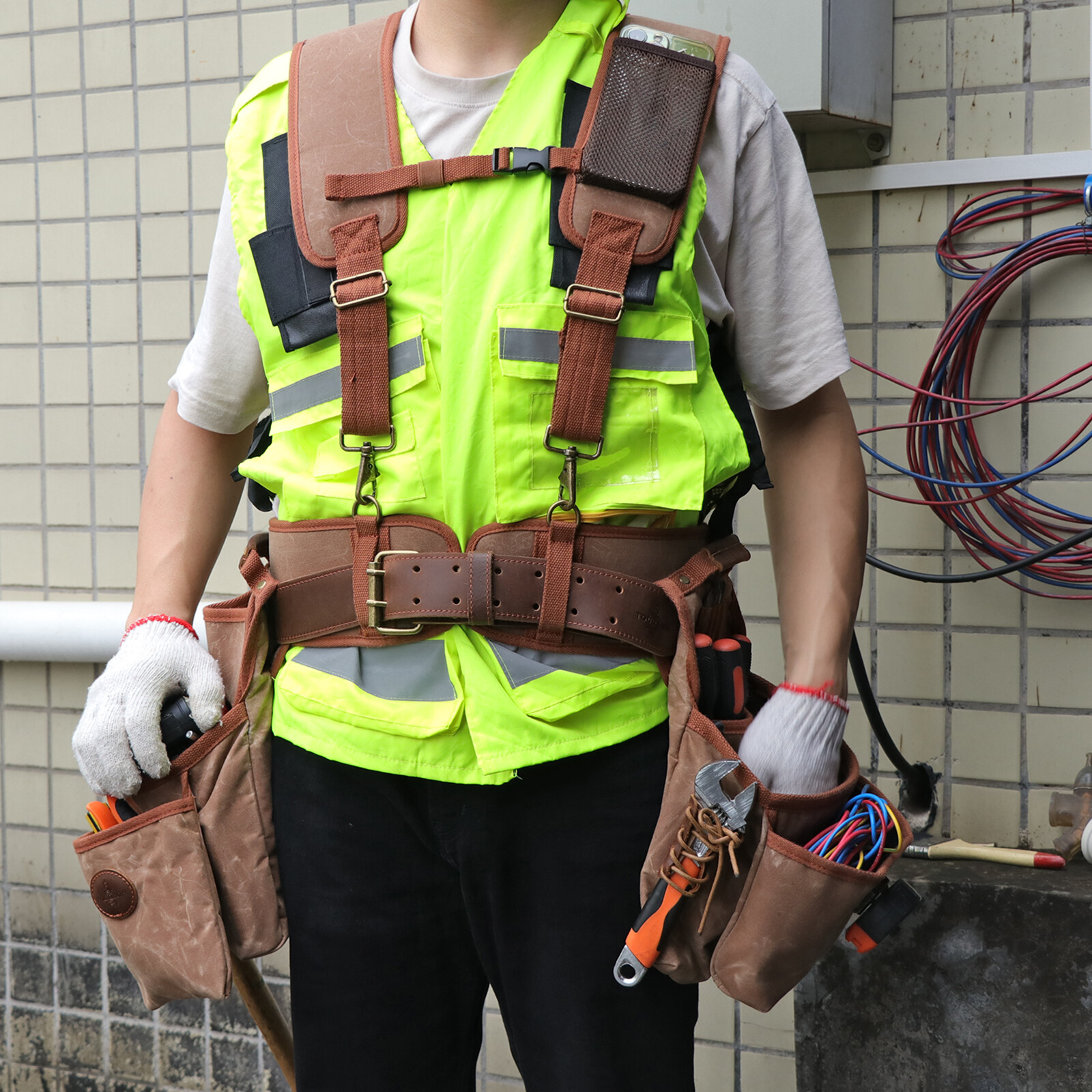 Tourbon Wax Canvas Tool Belt Suspenders Pouch Drill Rig Carpenter Framers Vest