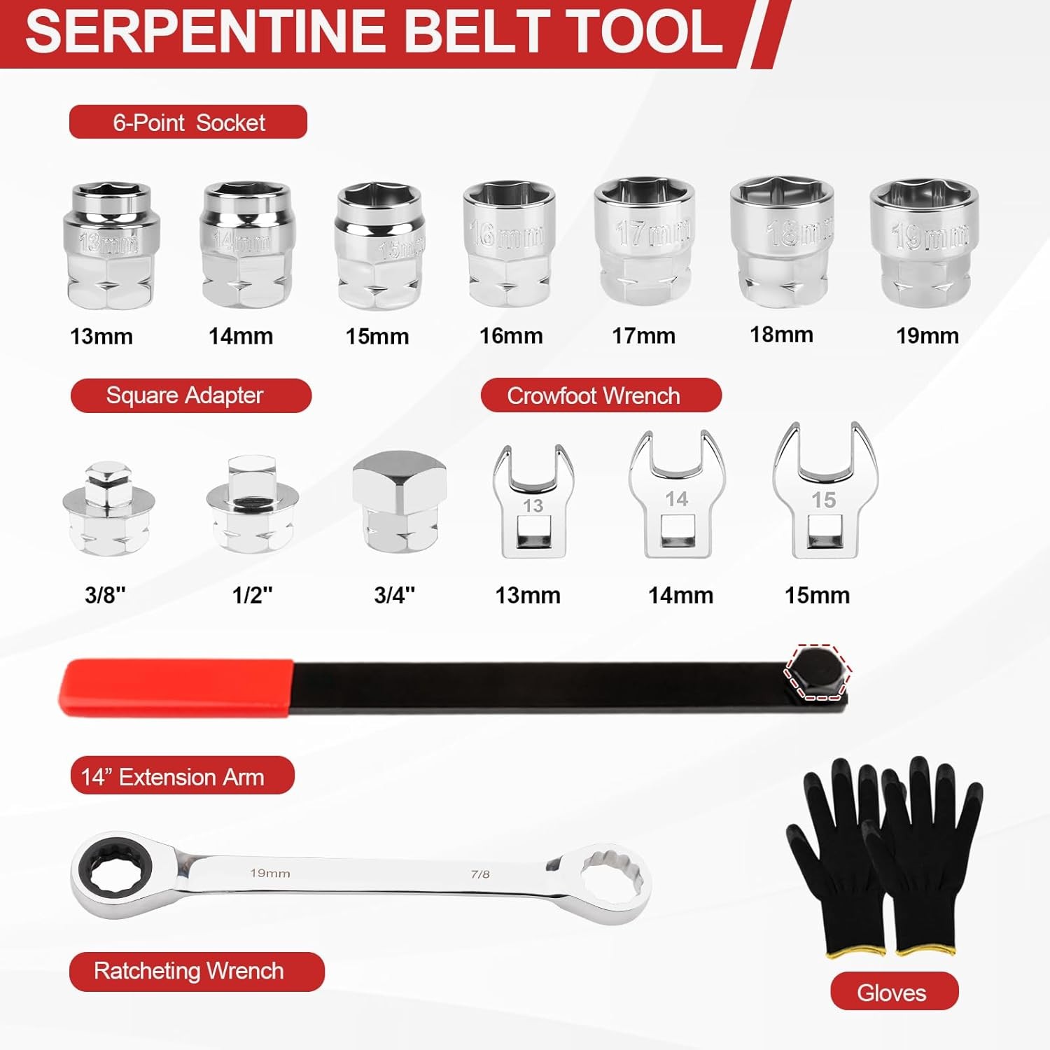 Heavy Duty 15PCS Serpentine Belt Tool Kit–Heavy Duty Ratcheting Tensioner Wrench