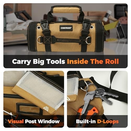 Roll Up Tool Bag, 600D Oxford PVC Coated Tool Organizer with 11 Roll-Up Khaki